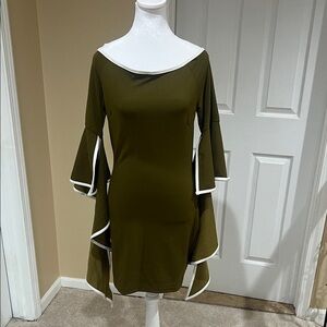 Chic Asymmetrical Olive Dress with White Trim